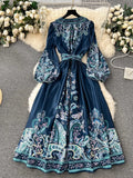 Early Spring New French High-End Style One-Piece Lace-Up Waist Printed Dress Women's Light Extravagant And Elegant Dress-Outfit