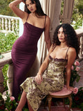 Women's Summer Vintage Floral Print Lace Trim Spaghetti Strap Sleeveless Fashion Backless Midi Sling Bodycon Dress-Outfit