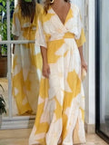 Print Maxi Dress Half Sleeve V Neck Elegant Long Dress Fashion Loose Hem A Line Party Dresses Yellow Print-Outfit