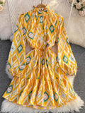 New Fashion Runway Spring Women Lantern Sleeve Multicolor Floral Print Dress Boho Holiday Beach Ladies Mini Dress