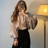 Korean Fashion Smooth Blouse Women Spring Slim Office Lady Elegant Tops Lantern Sleeve Solid Stand Collar Shirt Blusas