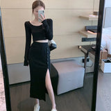New Suit Hottie Exposed Umbilled Long-Sleeved Top + High Waist Open Half-Body Bag Skirt Two
