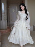 French Vintage Fairy Dress Women Bandage Elegant Evening Party Midi Dress Long Sleeve Korean Style Fairy Dress Autumn