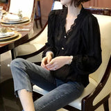 Wind Solid Color Lace Spliced Shirt Spring Autumn Long Sleeve Women's Hollow Out Chic Pearl Button Korean V-Neck