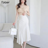 Short Sleeve Bodycon Tops Sexy Women OL Asymmetrical High Waist Midi Skirt Casual V-Neck Criss-Cross Blouse 2 Pieces