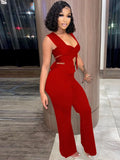 Sexy Straps Sleeveless High Waist Solid Hollow Out Regular Two Piece Pants