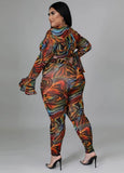 Print Party Sexy Knotted Crop Top and Pants Plus Size Two Piece