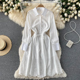 Autumn Spring Shirt Dress Women Embroidery Hollow Out Turn Down Collar Long Lantern Drawstring Casual Midi Dress