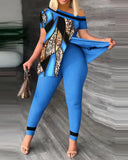 Women's Wear Summer New Fashionable Leisure Forked Oblique Collar Printing Suit-Outfit