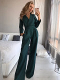 Long Sleeve Summer Jumpsuit Women V Neck Casual Straight Pant Jumpsuit Fashion Office Lady Jumpsuit Women Solid-Outfit