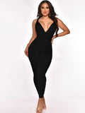 Sexy Straps Sleeveless Solid Ruched Lace Up Sheath Midi