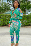 Print Green Cut Out Zipper Jacket and Matching Pants Set 703-0-Outfit