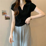 T-Shirt Women Summer New Short Net Red Hollow Knitted Shirt Full Set Thin Polo Collar Short Sleeve Top