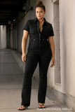 Down Collar One Piece Women Solid Short Sleeve Tight High Waist Overalls Slim Fit Casual Rompers 2023 Long Pants Jumpsuits-Outfit