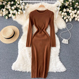 Women Autumn Knitted Dress Long Sleeve O Neck Elastic Slim Pencil Dress Korean Style Sexy Bodycon Sweater