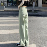 Casual Spring Women Solid Jeans Trousers High Waist Pockets Loose Female Wide Leg Denim Pants Ladies Floor-Length