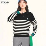 Women Sweaters 2022 Winter Long Sleeves Plush Polo Neck Knitted Pullover Black and White Stripes Warm Casual Chic