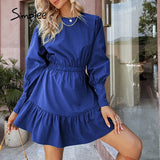 Party Elegant lantern sleeves A-line ruffled women dress green Elastic waist o-neck solid mini dresses Female college