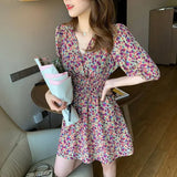 Women A-line Retro Harakuju Patchwork Puff Sleeve Floral Oversize Korean Style Elegant Chic Casual Summer Fashion