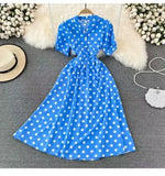 Summer French Retro Skinny Bubble Short-Sleeved V-Neck A-Shaped Dress Elegant Temperament Long