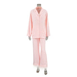 Women's 2Pieces Pajamas Underwear Set Plaid Turn Down Collar Long Sleeve Button Shirts+ Feather Pants Lounge Suits-Outfit
