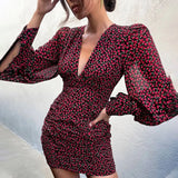 ArtsuWomen Sexy Deep V Neck Floral Print Dresses Long Lantern Sleeve Ruched Dress Elegant Female Bodycon Party Dress