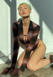Sexy High Cut Print Wavy Long Sleeve V-Neck