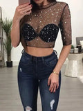 Women Sexy Mesh Sheer Transparent T-shirt Crop Top Short Sleeve Sequined Sparky Bling Bling Clubwear T-shirt Short Tops Hot Sale-Outfit