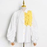 Patchwork Pleated Blouse Shirts For Female Lapel Collar Lantern Long Sleeve Colorblock Women's Casual Shirt