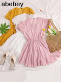 Women Dot Chiffon Rompers short sleeves Korean beach overalls bohemian loose casual summer wide leg pants