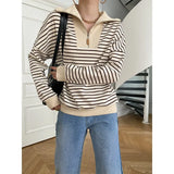 Women's Zipper Polo's Neck Striped Sweatshirt Long Sleeve Casual