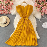 Summer Women Green/Red/Beige Pleated Midi Dress Vintage V-Neck Draped Party Robe Female Elegant Casual Vestidos New Fashion