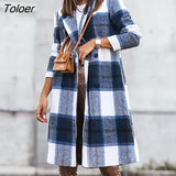 Winter Women Long Wool Jacket Elegant Turn Down Collar Plaid Coat Ladies Casual Button Outerwear Warm Streetwear