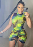 Printed Sexy O-Neck Sleeveless Tie Dye Bodysuit