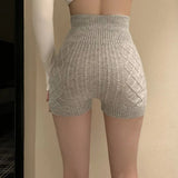 Womens Autumn Winter Skinny Basic Yoga Shorts Solid Color High Waist Knitted Slim Thighs Stretchy Short Pants-Outfit