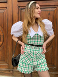 Fashion Elegant Women Puff Sleeve Patchwork Tweed Playsuits Vintage Girls Jumpsuits Pockets Ladies Plaid Romper With