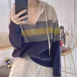 2024 New Color Striped Double Zipper Hat Knitted Cardigan Women's Loose Thin Sweater Jacket-Outfit