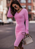 Sexy Ribbed V Neck Long Sleeve Slit