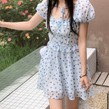 Blue Floral Elegant Dress Women Korean High Waist Design Party Casual Sweet Dress Female Puff Sleeve Outing Kawaii