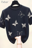 Summer Luxury Design Butterfly Nail Bead Short Sleeve Knit Sweater Korean Fashion Thin Casual Jumper Women Knitwear 2023 618-1-Outfit