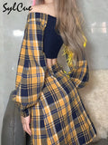 Youth Stitching Contrast Color Plaid Beautiful Wild One-Line Collar Long-Sleeved Short Top With A-Line Skirt 2