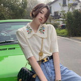 embroidery paragraphs short thin sweater new spring and summer female hedge short sleeve
