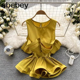 Summer Shirt For Women O Neck Sleeveless Sashes Casual Ruffle Blouses Female Clothing Fashion New 2022