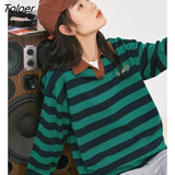 Women Sweaters 2022 Autumn Long Sleeves Polo Collar Knitted Pullover Striped Letter Embroidery Elegant Vintage