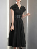 Elegant Dress For Women V Neck Short Sleeve High Waist Sashes Solid Midi Dresses Female Summer Clothing Style