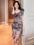 Summer Women's Dresses French Vintage Sexy Mesh Print Puff Sleeve Slim Slit Pleated Robe Knee-Length Dress Party