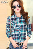 Casual Button Down Lapel Neck Plaids Checks Flannel Shirts Women Long Sleeve Tops Blouse Free