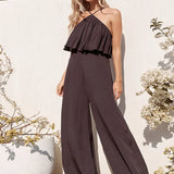 Chiffon Halter Backless Jumpsuits Loose Style Long Overalls Elegant Party Club Jumpsuit Casual Solid Wide Leg
