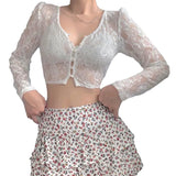 Women Lace T-shirts Fall Winter 2024 Sexy Mesh Crop Top Clothes 2000s Clothes y2k Fairy Grunge Long Sleeve Top Streetwear Club-Outfit