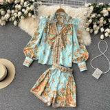 Fashion Spring Runway 2 Piece Sets For Women Turn Down Collar Floral Print Blouse And Shorts Suit Office Lady Outfits